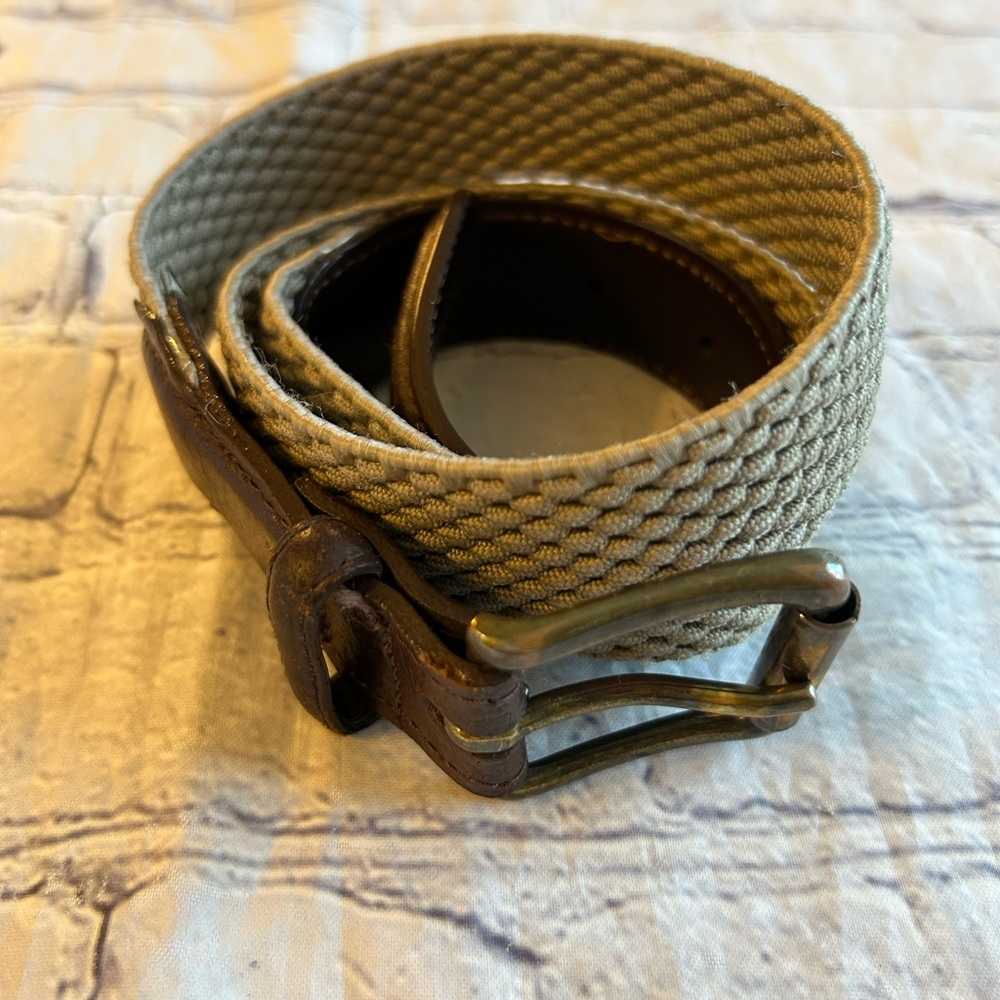 KJH CHOCOLATE BROWN LEATHER VINTAGE STYLE BUCKLE TAN WOVEN MENS BELT SIZE 32